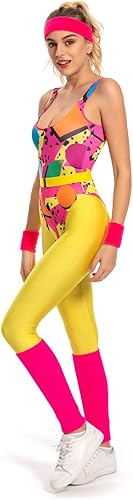 Miniatura 2 de Disfraz de aeróbic para mujer, traje de entrenamiento de los años 80, conjunto de accesorios de los años 90, traje retro para correr, bolsa