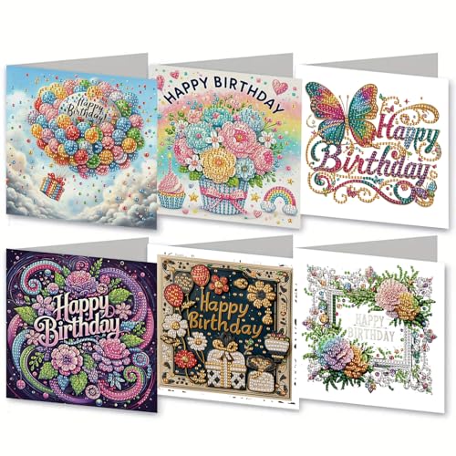 6 Pcs Diamond Art Birthday Cards, 5D Diamond Painting Cards with Envelopes, DIY Handmade Diamond Art Painting Birthday Greeting Cards Kit for Family Friends