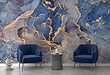MareWallArt Blue Marble Wall Mural Marbled Ink Wallpaper Gold Faux Wall Mural Abstract Art Wallpaper