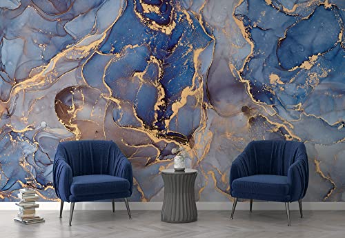 Marewallart Blue Marble Wall Mural Marbled Ink Wallpaper Gold Faux Wall Mural Abstract Art Wallpaper Mural #TOP1