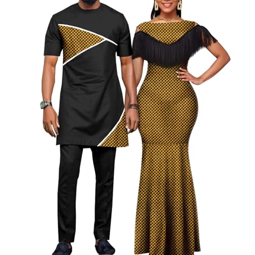 African Print Tassel Mermaid Long Dresses for Women Matching Couple Outfits Dashiki Men Clothes Shirt and Pant Sets