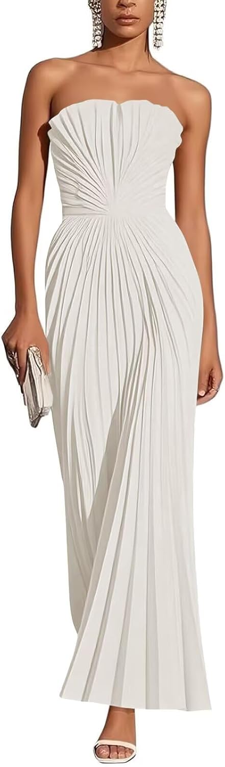 Strapless Satin Prom Dresses for Women Pleated A Line Long Corset Wedding Guest Dress