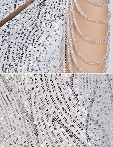 Image of Women One Shoulder 1920s Plus Size Formal Dress Tassels Sleeve Sequins Gatsby Maxi Evening Gown