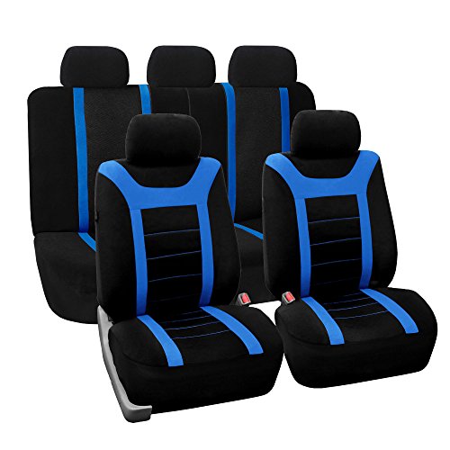 FH Group Full Set Cloth Car Seat Covers for Low Back Front Seat Covers, Airbag Compatible, Split Bench Rear Seat, Universal Fit, Washable Seat Cover for SUV, Sedan, Van, Blue