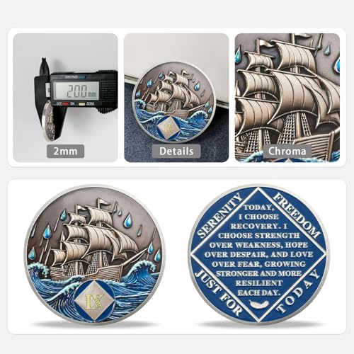Image of 9 Year Sobriety Coin - NA Medallions with Sailing Ship and Ocean Sobriety Chips NA Coins - Ideal Narcotics Anonymous Gifts for Men & Women Celebrating Recovery and Living Clean (9 Year)