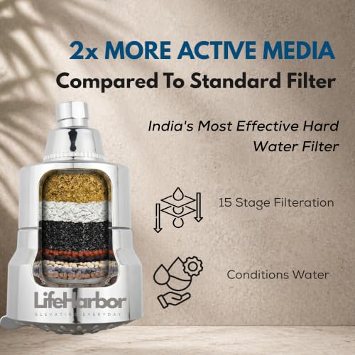 Image of Life Harbor 15-Stage Hard Water Shower Filter | Reduces Hair Fall, Dry Skin & Dandruff | KDF-55 + Activated Carbon + FOF Scale Inhibitor | 2X Active Filtration Media (Cartridge: Shower Filter)