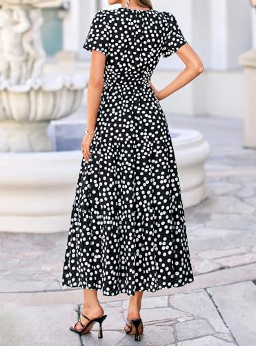 Image of BTFBM Womens Summer Floral Maxi Dresses V Neck Short Sleeve Boho Casual Flowy Long Wedding Guest Dress Beach Vacation