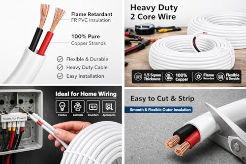 Image of Bunde 2 Core 1.5 Sq mm Copper Wire Flexible Cable | 1.5mm Twin Wire for Home Wiring, Extension Board, Electrical Appliances | FR PVC Insulated Electric Wire | Heavy Duty Copper Cable (10 METER)
