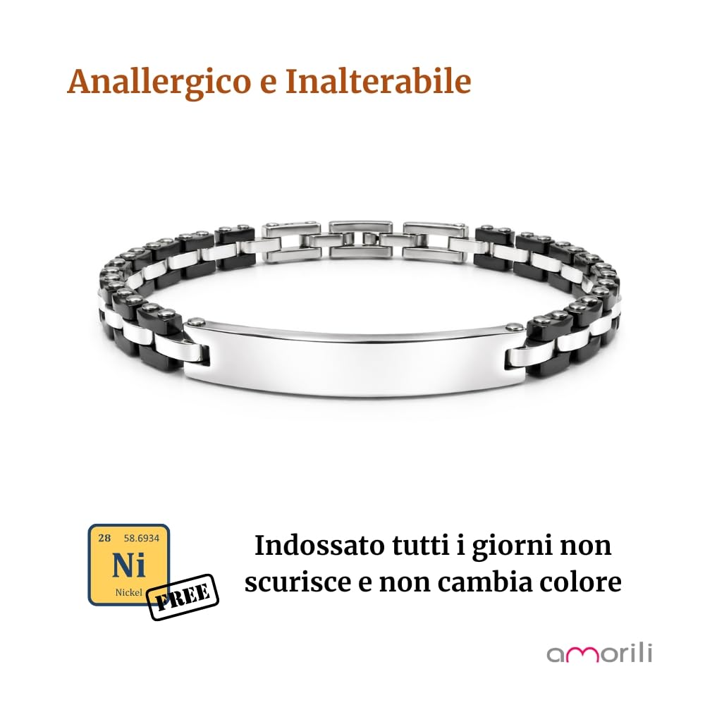 Bracciale Uomo Personalizzabile Inciso in Acciaio Inox e Ceramica Nera Sfaccettata – Braccialetto Personalizzato con Frase Data Nome – Gioiello Regalo Uomo Elegante