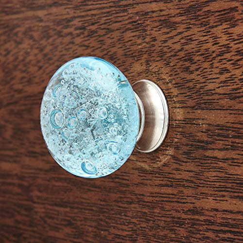 Shabby Restore Aqua Blue Bubbles Glass Dresser Drawer, Kitchen Cabinet Or Door Knob Pulls Brushed Nickel Hardware - Pack Of 12 #TOP5