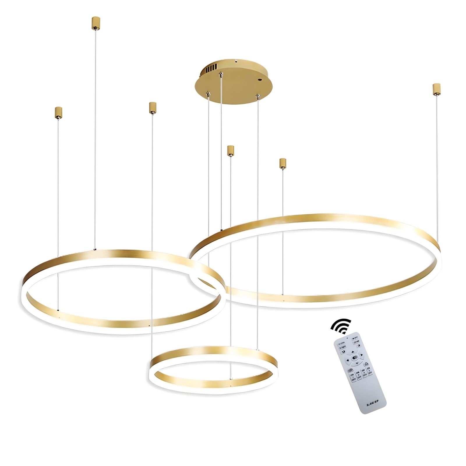 Metal LED Chandelier | 3 Circles 20+40+60cm | 45W Rings Ceiling Hanging Lamp, Dimmable Remote Control 3000-6000K, Acrylic Shade Pendant Light, Living Room Bedroom Foyer Dining Room Kitchen【Gold】