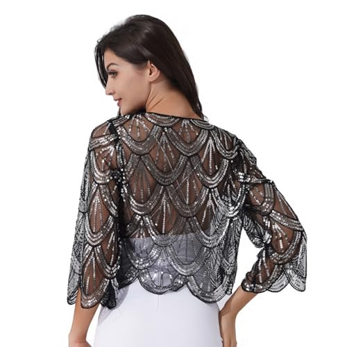 JEYPINMI Women's Long Sleeve Sequin Bolero Shrug Evening Wedding Party Cardigan Tops Flapper Dress Cover Up2