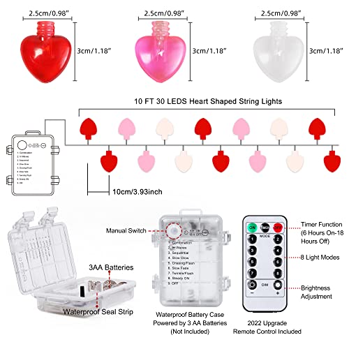 [Timer] Mosoan 10Ft 30 Led Valentines Day Decor String Lights, 8 Light Modes Heart Lights Battery Operated, Romantic Valentines Day Decorations For Bedroom Home Wedding Indoor Outdoor (Red Pink White) #TOP2