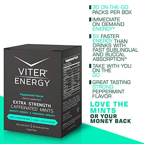Viter Energy Caffeinated Mints - Extra Strength 80mg Caffeine, B Vitamins, Sugar Free Vegan Breath Mint. Powerful Energizing Boost. 1 Energy Mint = 1 Coffee, Gum, Chews, Gummies, Candy (Peppermint)