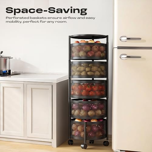 Image of Metal Multi-Purpose Trolley Kitchen Storage Organizer Rack Stand with 360 Wheels | 5 Layer Round Design | Kitchen Accessories Items for Fruit Vegetable Onion Rack for Kitchen (Black)