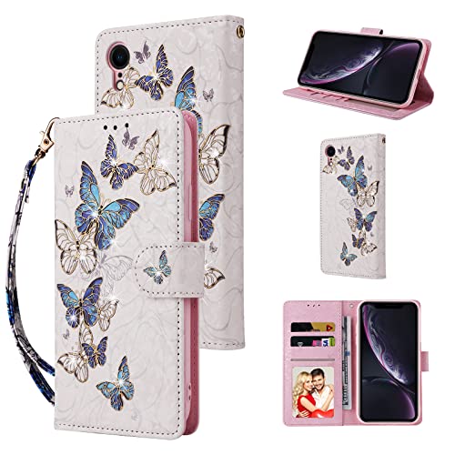 UEEBAI Wallet Case for iPhone XR, PU Leather Phone Case Kickstand RFID Blocking Flip Case with Card Slots Wrist Strap Relief Engraved Pattern Magnetic Closure Folio Case - Blue Butterfly