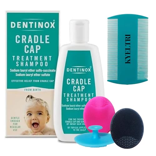 Cradle Cap Treatment for Baby Including 3 Kyeltri Silicone Cradle Cap Brushes & Fine Tooth Cradle Cap Comb Bundled with Dentinox Cradle Cap Treatment Shampoo Cradle Cap