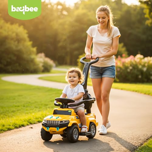 Image of Baybee Speedy Pro Ride on Cars for Kids | Portable Baby Push Rideons with Parental Handle & Safety Guardrail | Kids Car with LED Lights, Music & Backrest | Ride on Car for Baby 1-3 Years (Yellow)