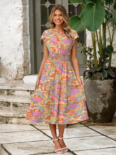 Image of BerryGo Women's Floral Boho Ruffle Summer Midi Dress Short Sleeve V Neck Empire Waist Swing Flowy Dress