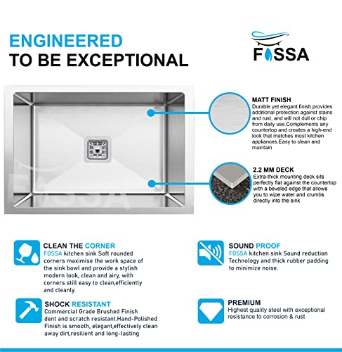 Image of Fossa 27 inchx20 inchx10 inch Premium Stainless Steel Handmade Single Bowl Kitchen Sink | Sink with Waste Coupling and PVC Waste Pipe in Silver (Matte Finish)
