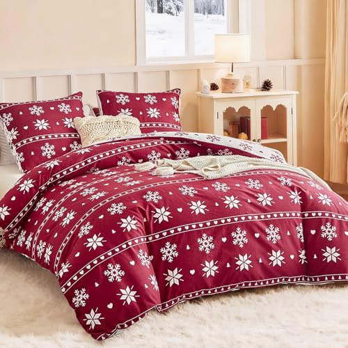 Image of Lekesky Duvet Cover Queen Size,3 Pieces Reversible Duvet Cover Set with Snowflake Red Bedding Set with Zipper and 8 Corner Ties, 1 Duvet Cover 90x90 inches + 2 Pillowcases