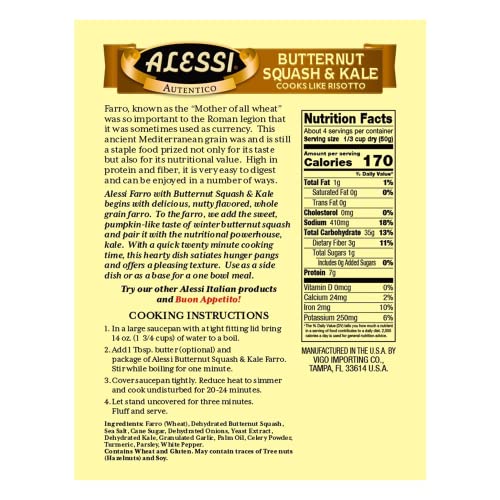 Alessi Autentico, Premium Seasoned Roman Grain Farro, Cooks Like Risotto, Heart Healthy, Easy To Prepare, 7Oz (Butternut Squash & Kale, Pack Of 6) #TOP2