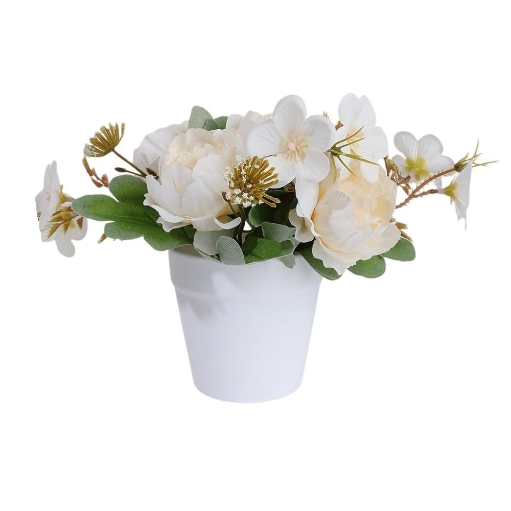 Huffa Milkwhite Simulated Peony Flower Arrangement - Realistic Plastic Potted Decor For Home And Dining Table, Indoor & Outdoor Use(Milkwhite)