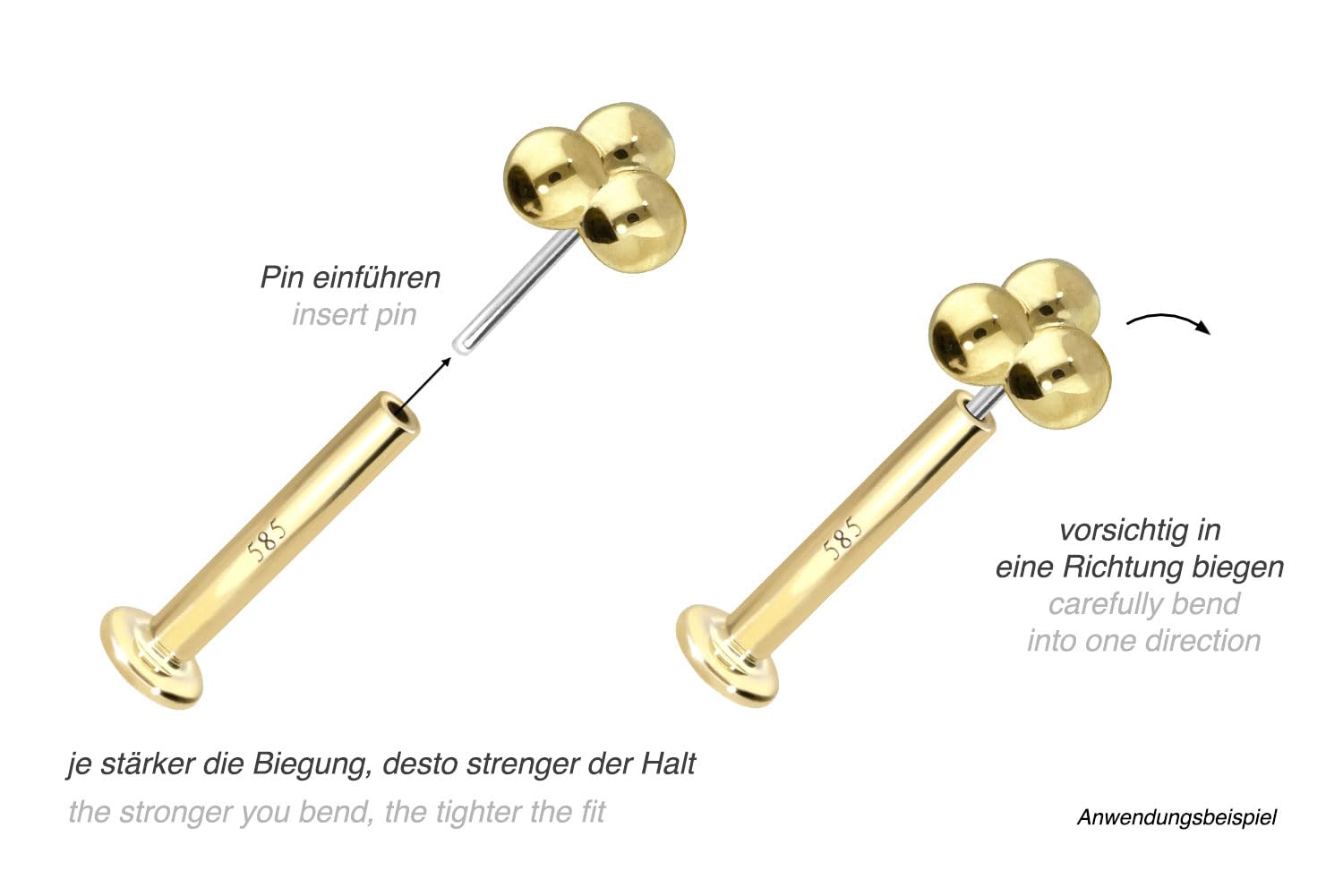 PIERCINGLINE 14 Karat Gold Labret Ohr-Piercing mit Push Fit 3 KUGELN Farb & Größenauswahl