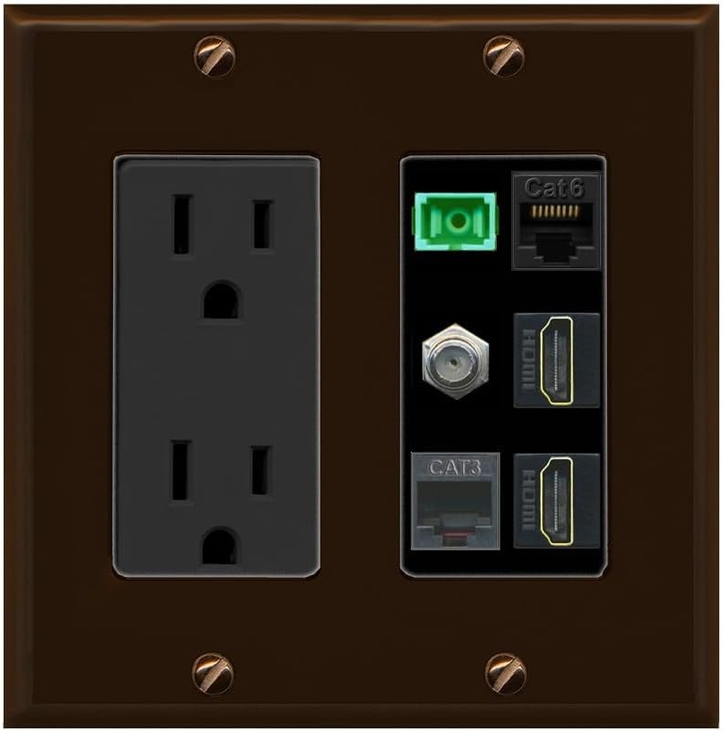 RiteAV 1 Port Fiber Optic Jack SC Simplex APC + Cat6 + Coax + 2 x HDMI + Phone Wall Plate - Outlet [Light-Almond/White]