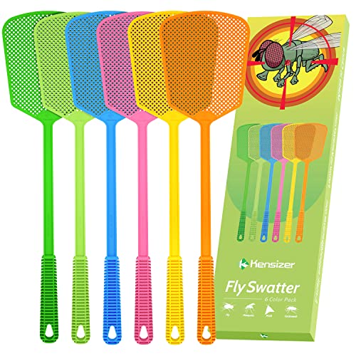 Kensizer 6-Pack Plastic Fly Swatters Heavy Duty, Multi Pack Matamoscas, Jumbo Long Handle Fly Swat Shatter Bulk, Large Bug Swatter That Work for Indoor and Outdoor