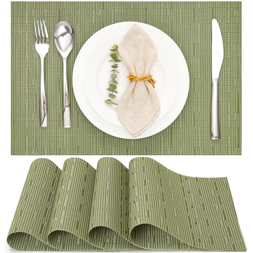Image of Myir JUN Table Mats Set of 4, Place Mats Table Placemats Washable Non-slip Heat Insulation Woven Vinyl for Kitchen Dinning Restaurant 17"X12" (Green)
