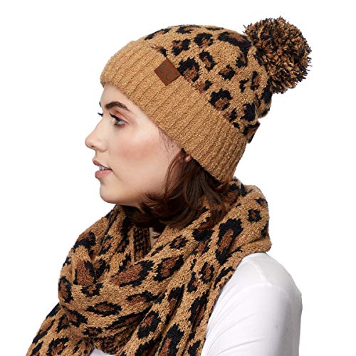 C.C Exclusives Soft Beanie hat with Leopard Pattern and Fur Pom(HAT-7001) (Latte-Leopard Pom) - Thumbnail 3