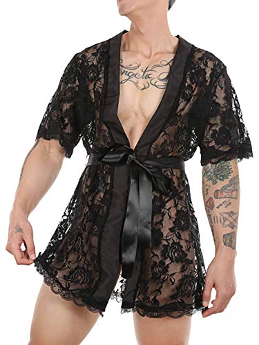 Doomiva Mens Sexy Bathrobe Lingerie Silk Lace Night Gown Robe Dress Sissy G-String Thong Underwear Black Large - Image 3