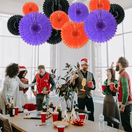 Image of 18 Pcs Halloween Hanging Paper Fan, Hanging Honeycomb Round Paper Fans for Weddings, Birthdays, Baby Showers, Classroom, Events Ceiling Party Supplies Decorations