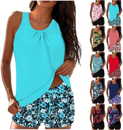 Blouson Tankini Swimsuits for Women 2026 Tummy Control Two Piece Bathing Suit with Swim Shorts Ladies Swimwear