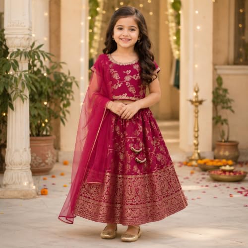 Image of The Magic Wand Lehenga Choli Set with Dupatta for Girls Kids Floral Printed Lace Embelished Chaniya Choli, Perfect for Wedding Occasions & Festivals