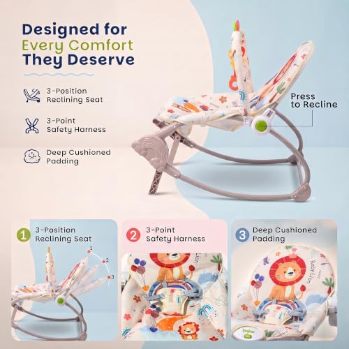 Image of Baybee 2 in 1 Baby Rocker & Bouncer, 3-Position Recline, Soothing Music, Removable Hanging Toys, Soft Cushioned Seat & Safety Harness, Rocking Chair for Newborn 0-3 Years (Beige)