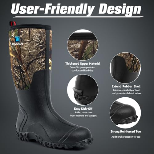 Rubber Boots for Men with Steel Shank, Waterproof Insulated Reliable Rain Boots for Outdoor Work Hunting, Warm Dry 5mm Neoprene Anti-slip All-Season Mud Boots, Size 5-143