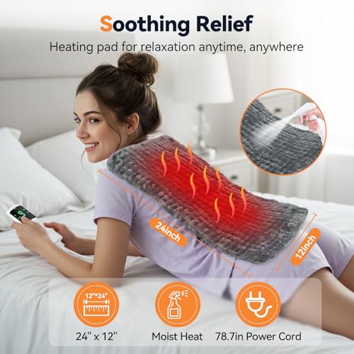 Image of Heating Pad for Back Pain, Electric Heat Pad with 9 Heat Levels & 4 Auto-Off Timers, Portable Heating Pad for Period Cramps, Shoulder, Neck, Machine Washable, Gifts for Women and Men, Grey, 24''x12''