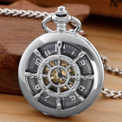 Image of Men's Mechanical Pocket Watch Black Rudder Pattern Double Open Hollow Roman Numerals Pocket Watch