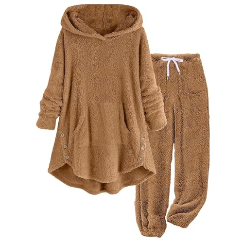 Fuzzy Pajamas Set for Women Plus Size Loose Fleece Sleepwear 2 Piece Set Winter Warm Hoodie Tops and Pant Sets