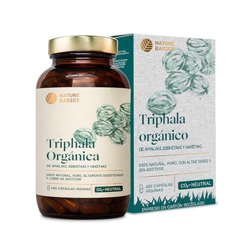 Nature Basics® BIO Triphala cápsulas certificadas y sostenibles en un frasco | Triphala natural ayurvédico de alta dosificación con 1.500 mg por dosis diaria | 180 cápsulas
