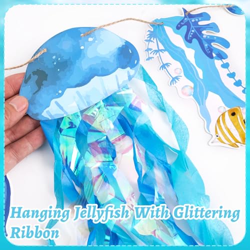 Image of SUNBEAUTY Starfish Seashell Banner Under The Sea Party Decoration Jellyfish Hanging Garland 9.8ft Blue Bubble Garlands for Ocean Beach Theme Birthday Decor Mermaid Summer Party Decor