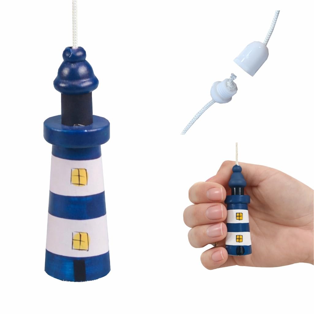 Lowgy Dark Blue And White Little Wooden Lighthouse Light Pull With Choice Of Cord Colour & Connector - Nautical Bathroom Pull Cord (Dark Blue And White)