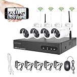Aottom 8CH 720P WLAN Überwachungskamera Set, 8CH NVR Kit mit 4 Außen 1MP Sicherheitskamera ohne Festplatte, IP Kamera Outdoor, Beweungsmelder, 30m IR Nachtsicht, IP 66 Wasserdicht, kostenlos App