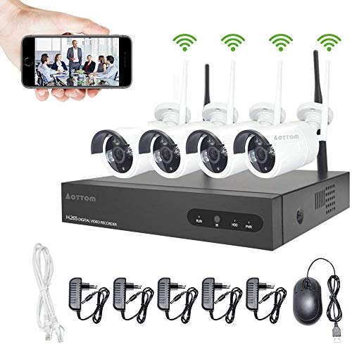 Aottom 8CH 720P Wi-Fi zestaw monitoringu bezprzewodowego, 8 CH NVR + 4 x 1 MP kamery monitorujące na zewnątrz, wykrywanie ruchu, P2P, czujnik ruchu, wodoszczelny, brak dysku twardego