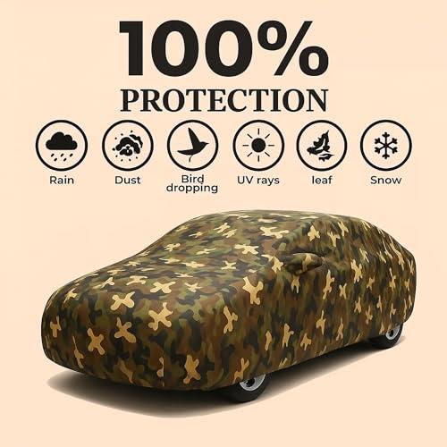 Image of Sulfar 100% Waterproof Car Body Cover Compatible with Mirror for Tata Tiago with Long Lasting Durable Material (Triple Stitched, Full Bottom Elastic, Camouflage Army)