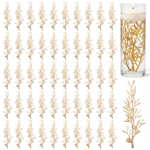 50 Pcs Faux Flowers for Floating Candles Floating Flowers for Centerpiece Vase Mini Flower Filler Filling in Cylinder for Wedding Dinning Table Party Home Bar Restaurant Decoration 6 Inch (Gold)