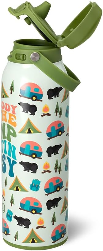 Swig Life 32oz EZ Fill Insulated Water Bottle, Leak Proof Reusable Water Bottle with Lid, Handle & Lock, Leak Proof Stainless Steel Bottles, 32 oz Tumbler (Errbody in the Camp)