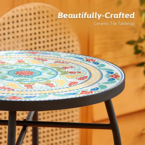 Vonluce 21" Mosaic Plant Stand, 14 Inch Round Side Table With Ceramic Tile Top, Indoor And Outdoor Accent Table, Outdoor Patio Furniture, End Table For Garden Patio Living Room More, Floral #TOP5